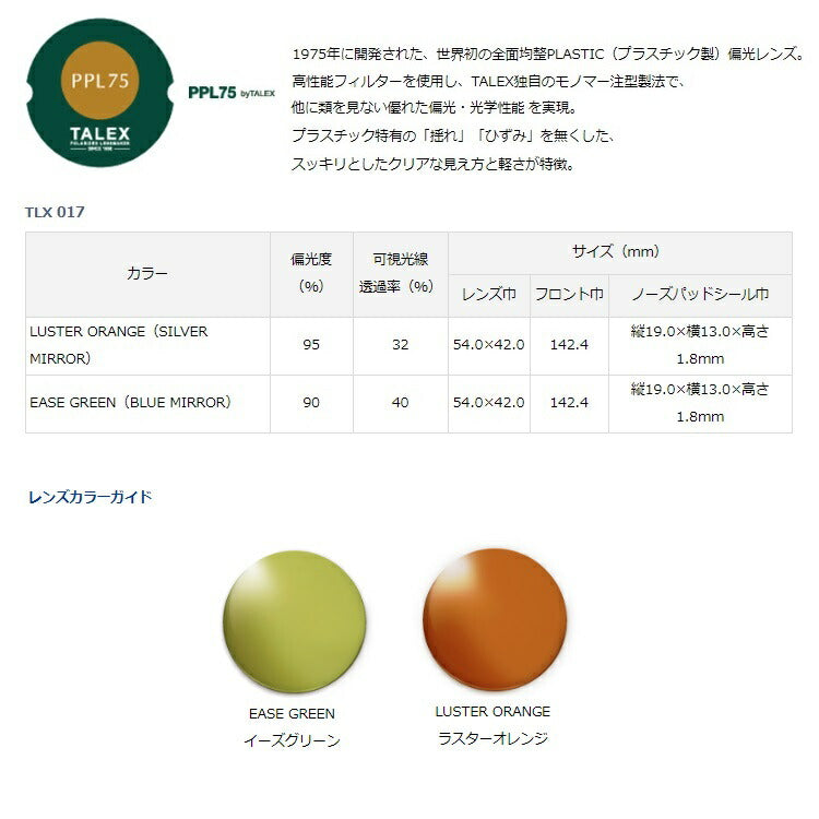 TLX 017 タレックス 偏光グラス イーズグリーン ブルーミラー