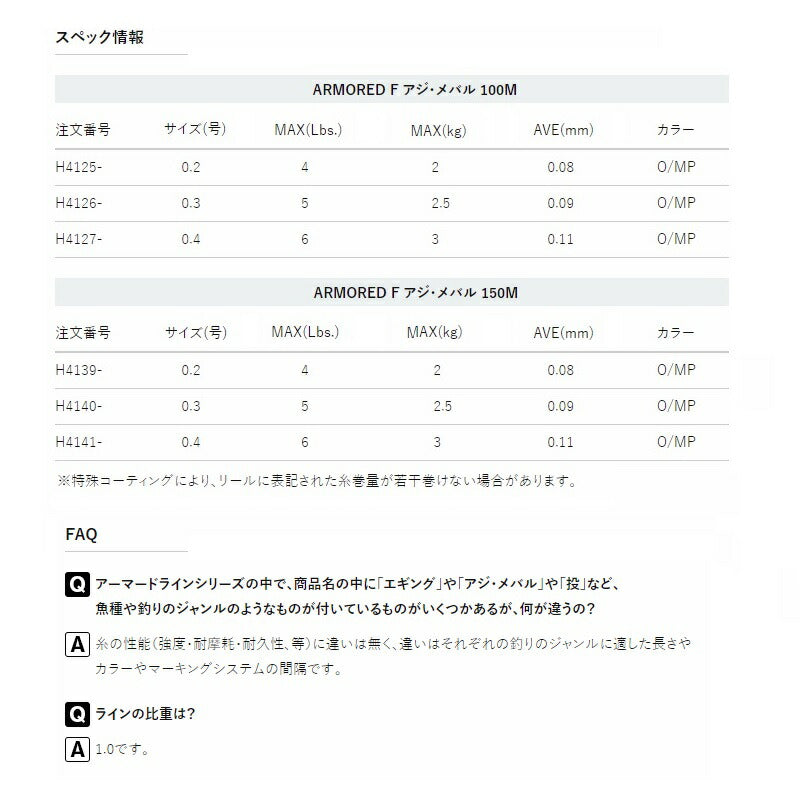 アーマードF アジ・メバル 150m 0.2号 オレンジ